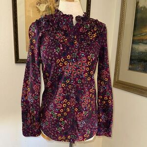 Talbots Purple Floral Ruffle Neck Boho Blouse Size XS